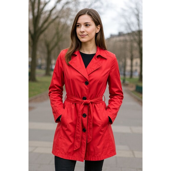 Lands' End women's coral red trench coat belted pockets size 1X 16w-18w - Picture 1 of 11